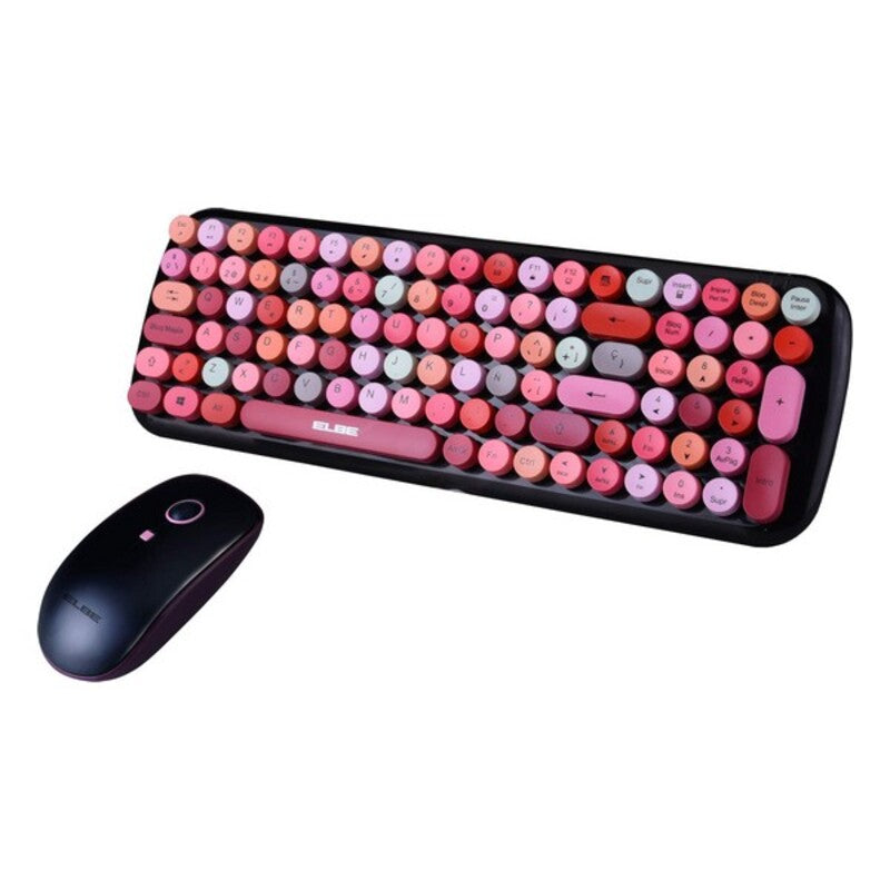 Tastatur med Trådløs Mus ELBE 8435141906256 Vintage Rosa Svart