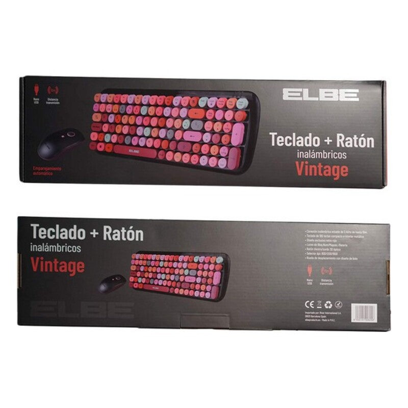 Tastatur med Trådløs Mus ELBE 8435141906256 Vintage Rosa Svart